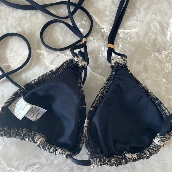 L *Space plaid pattern tan cream black zig zag beige triangle string bikini top - Picture 4 of 10